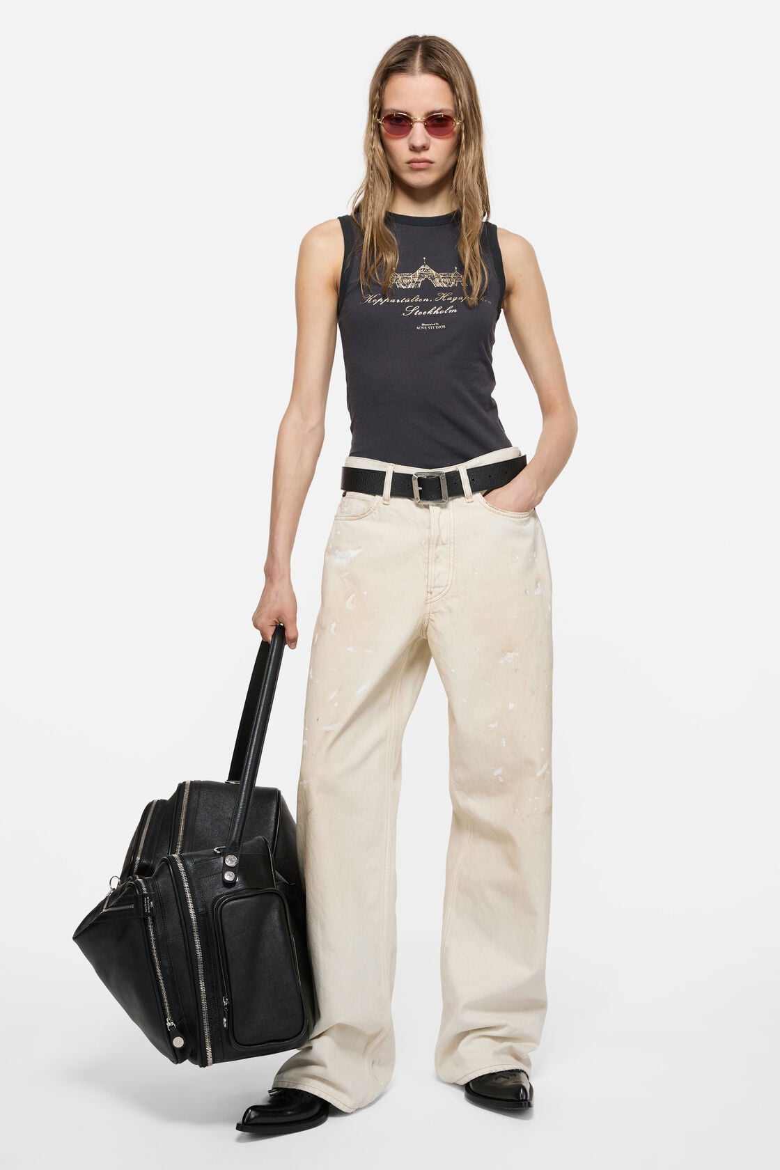 Loose fit jeans with leather pockets - White