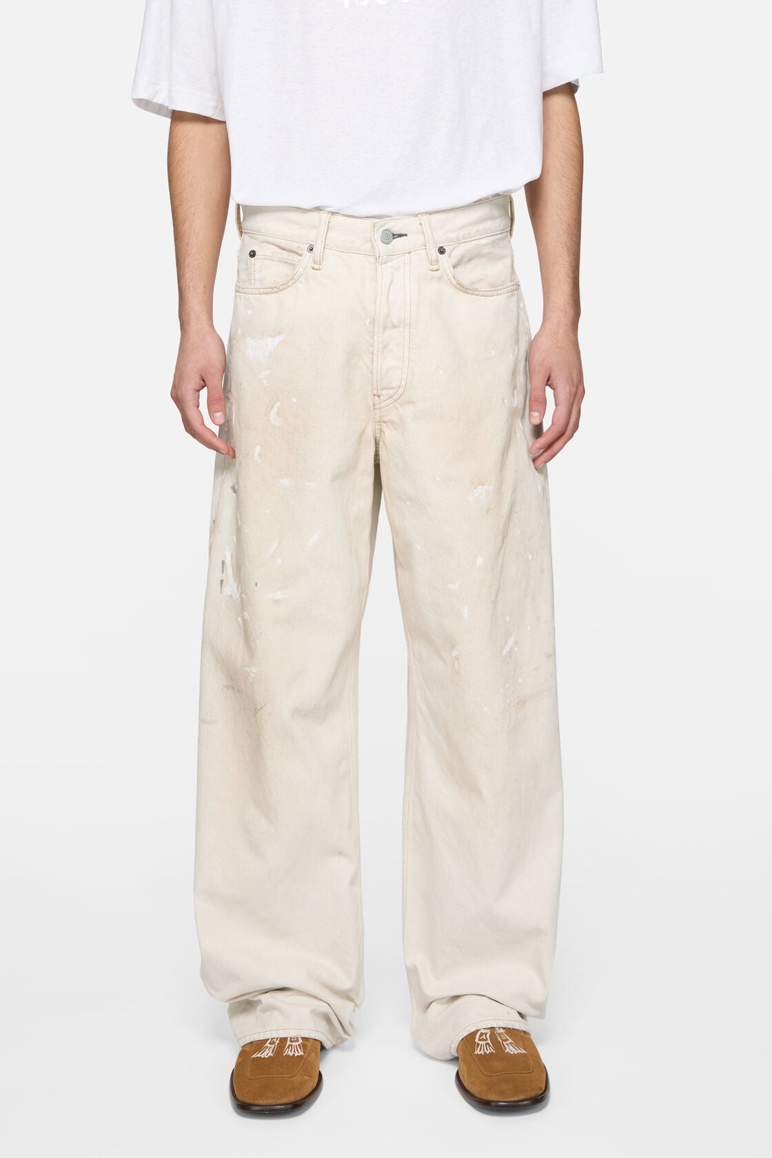 Loose fit jeans with leather pockets - White