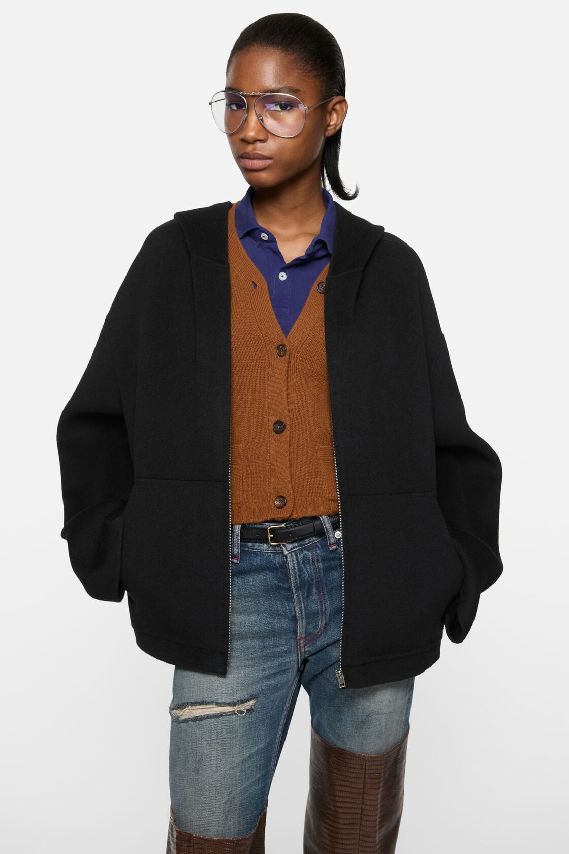 Cashmere jacket with hood - Black