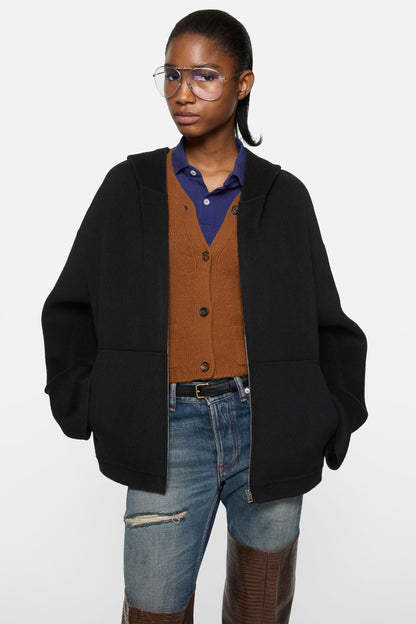 Cashmere jacket with hood - Black