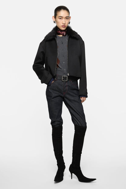 Satin-Wool Bomber Jacket - Black