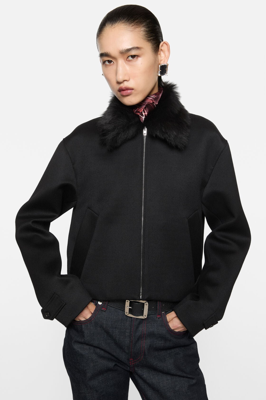 Satin-Wool Bomber Jacket - Black