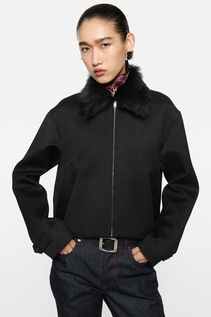 Satin-Wool Bomber Jacket - Black