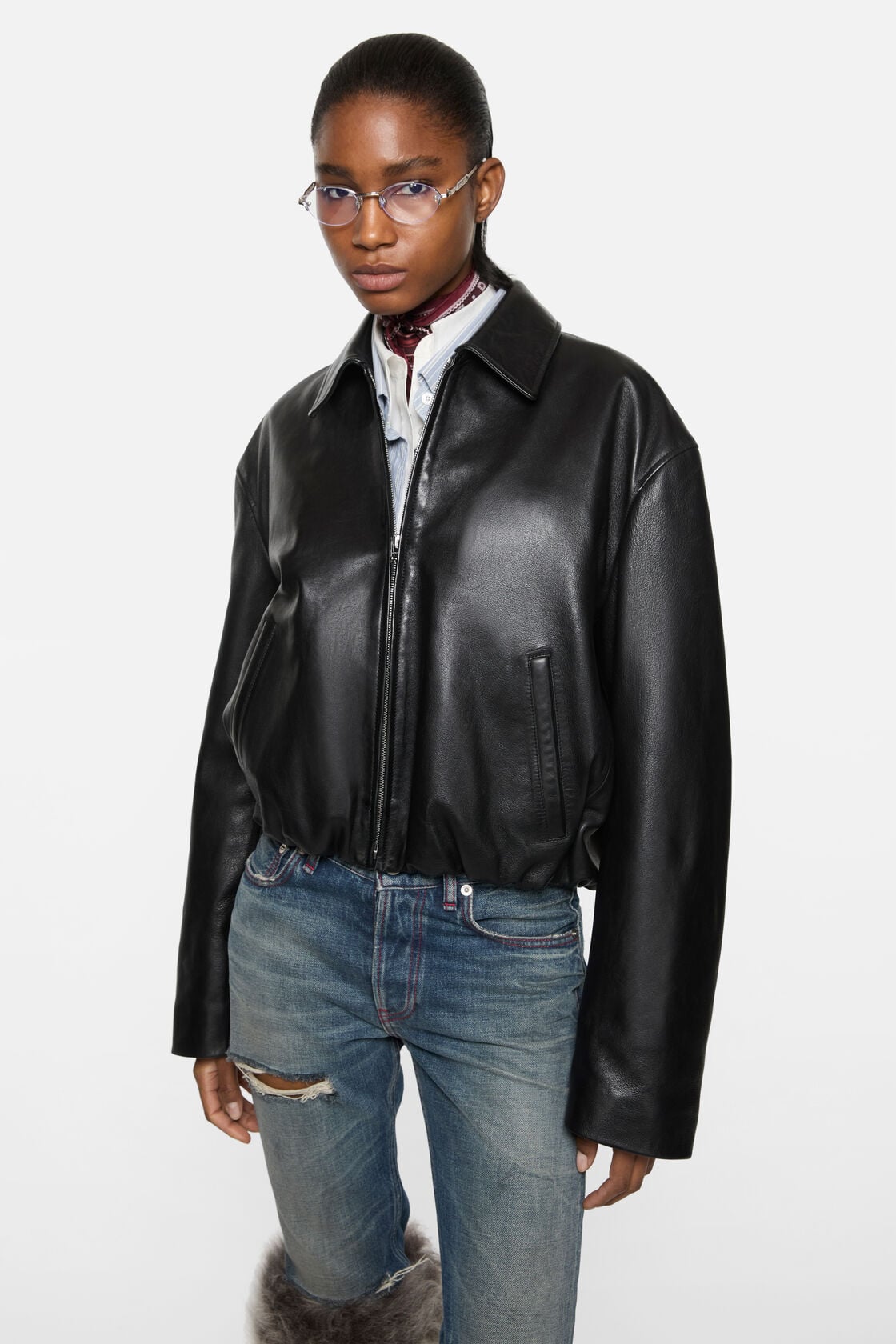Leather bomber jacket - Black