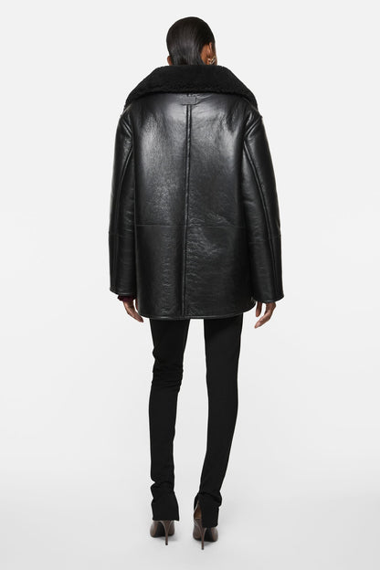 Leather Shearling Duffle Coat - Black