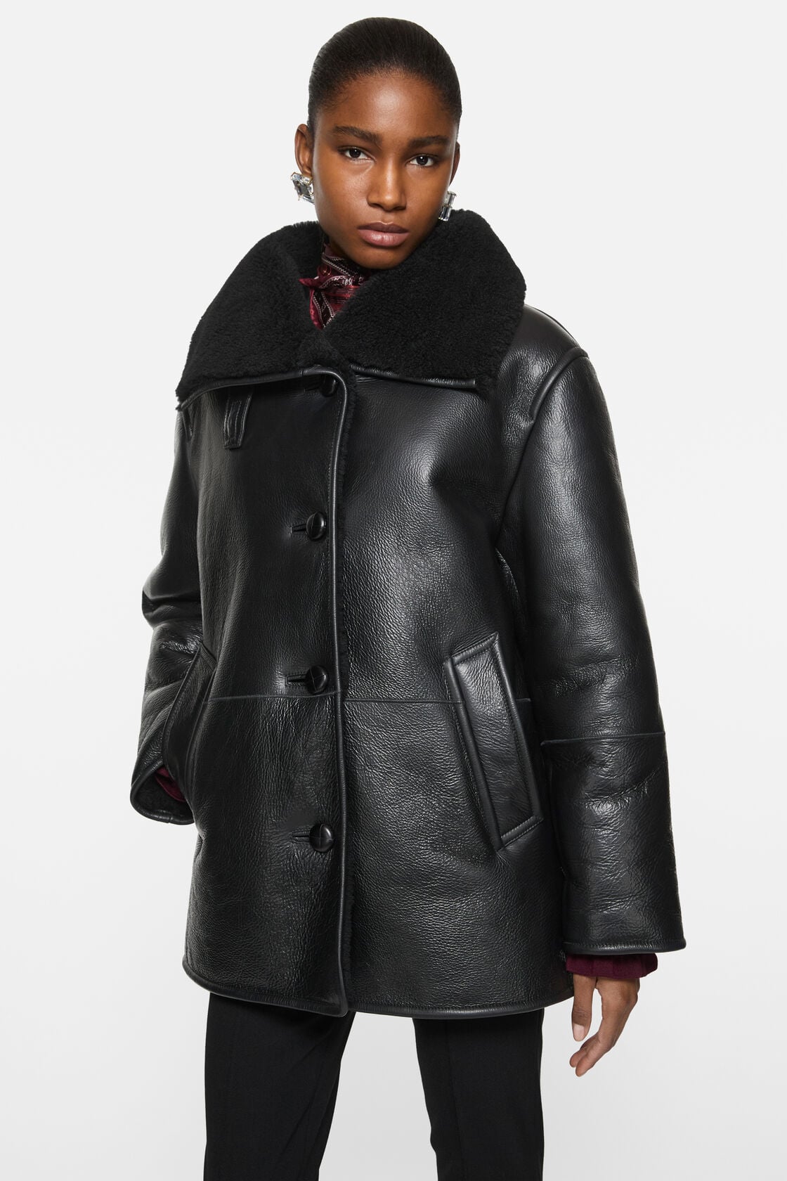 Leather Shearling Duffle Coat - Black