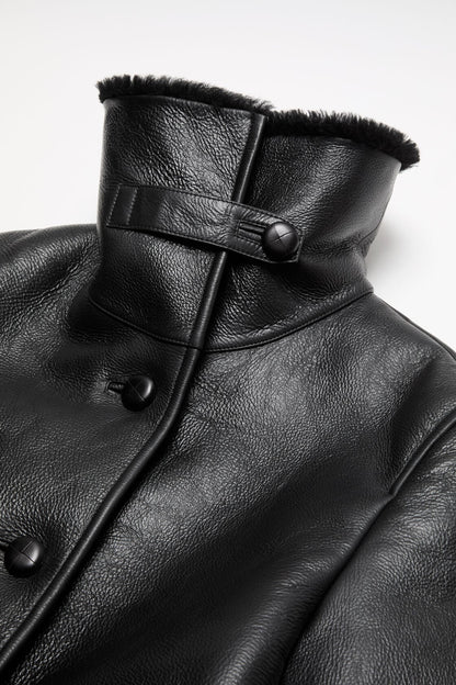 Leather Shearling Duffle Coat - Black