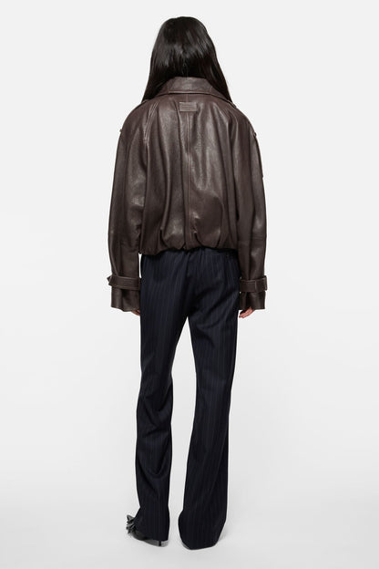Cropped leather trench coat - Dark brown