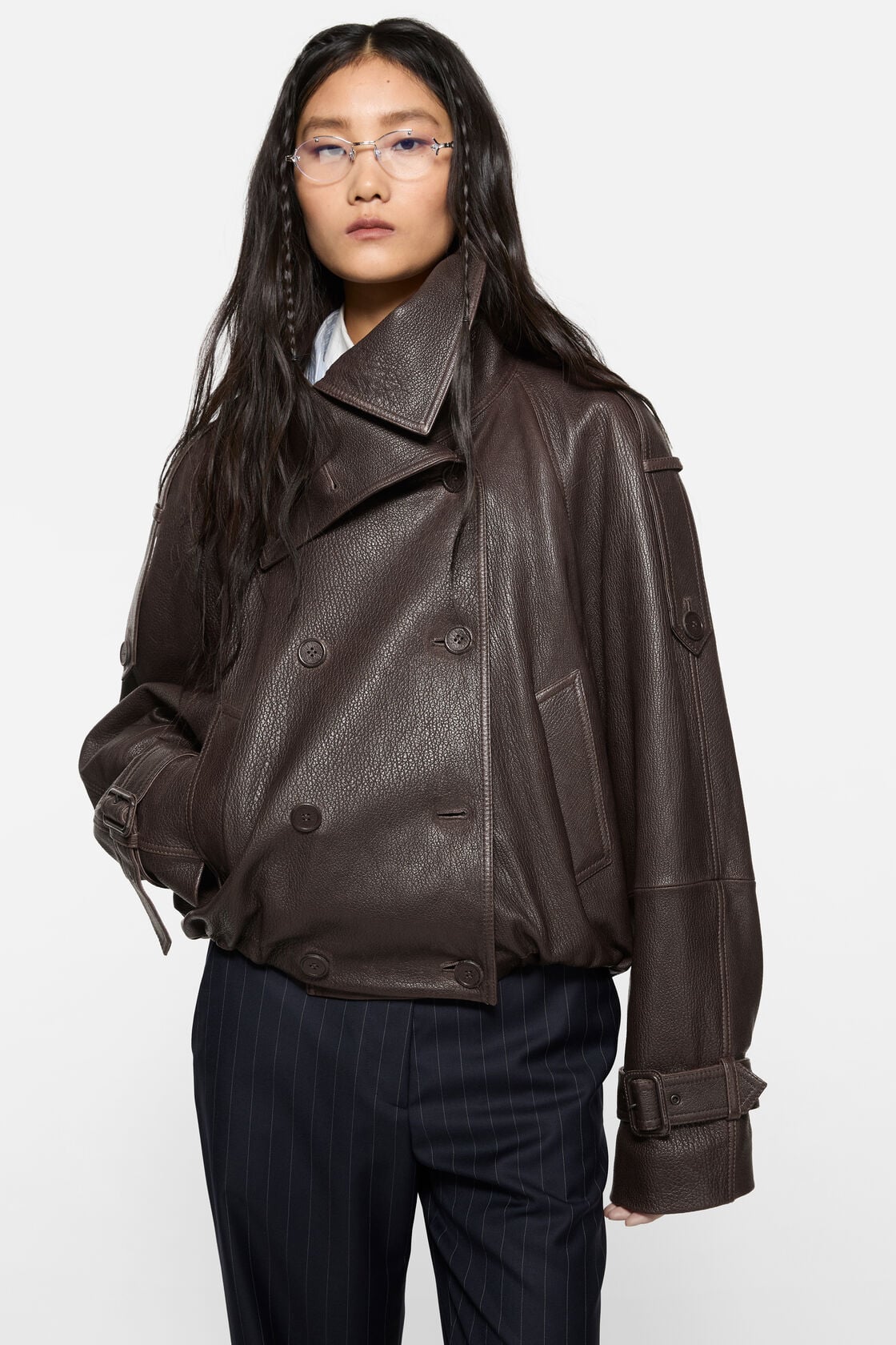 Cropped leather trench coat - Dark brown