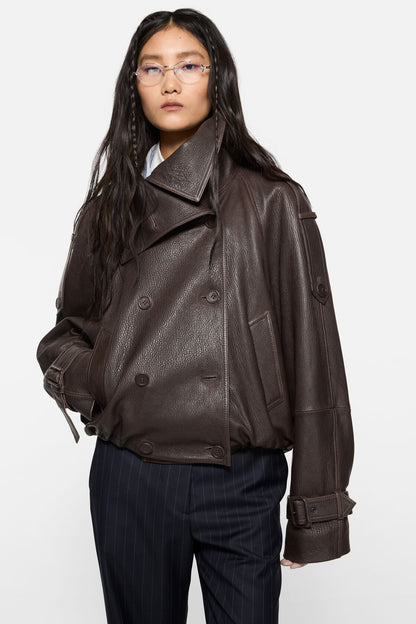 Cropped leather trench coat - Dark brown