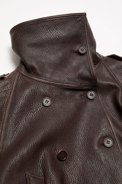Cropped leather trench coat - Dark brown