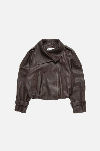 Cropped leather trench coat - Dark brown