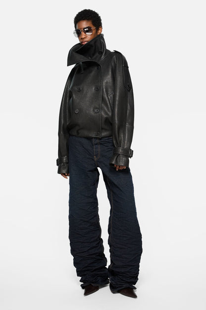 Cropped leather trench coat - Black