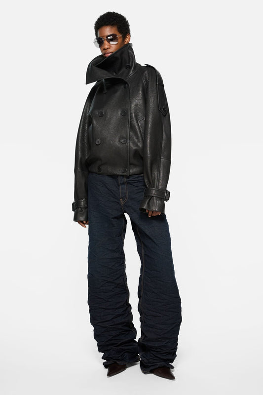Cropped leather trench coat - Black