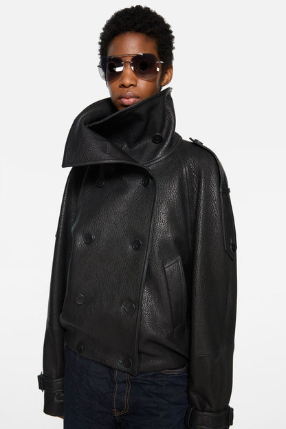 Cropped leather trench coat - Black