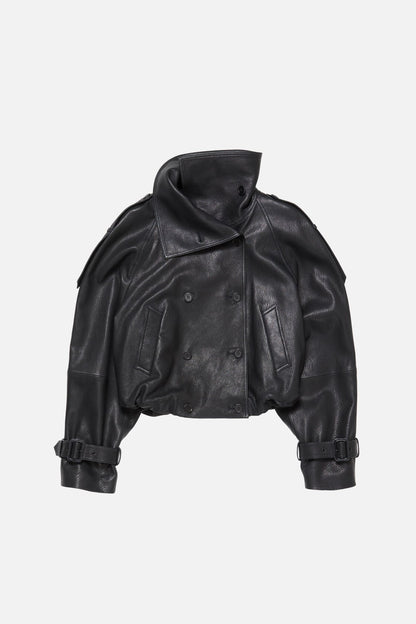 Cropped leather trench coat - Black
