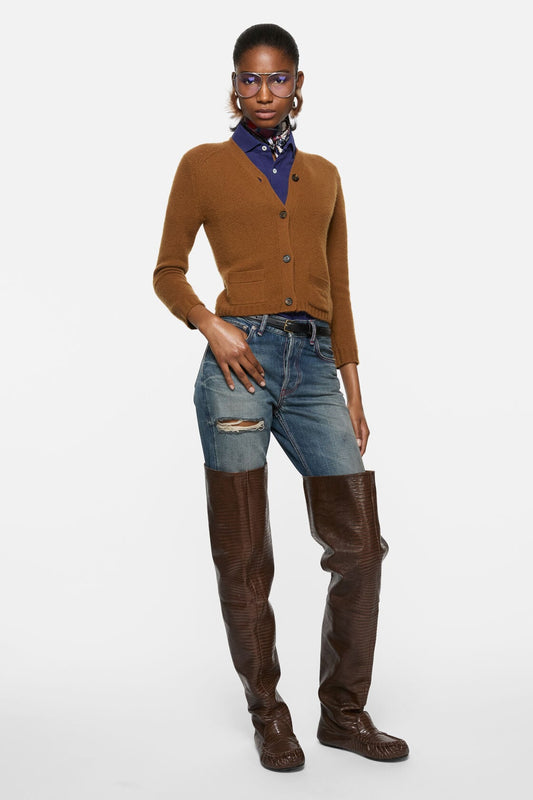Cashmere V-Neck Cardigan - Mid brown