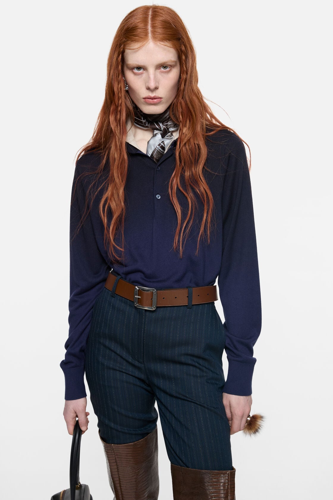 Silk blend polo knit - Navy/beige