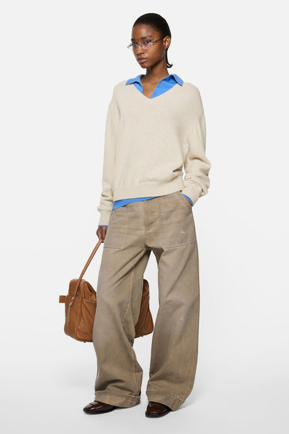 Layered Wool V-Neck Sweater - Dirty white