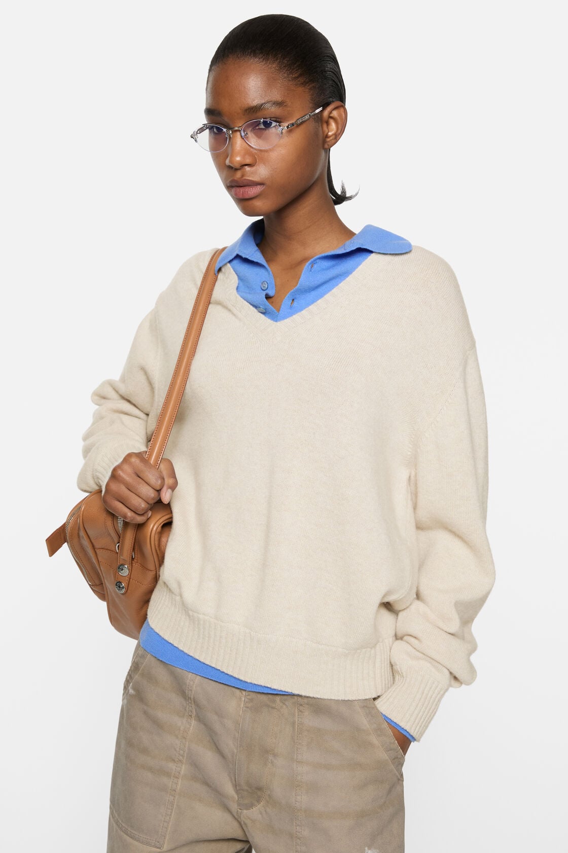 Layered Wool V-Neck Sweater - Dirty white
