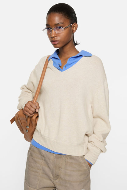 Layered Wool V-Neck Sweater - Dirty white