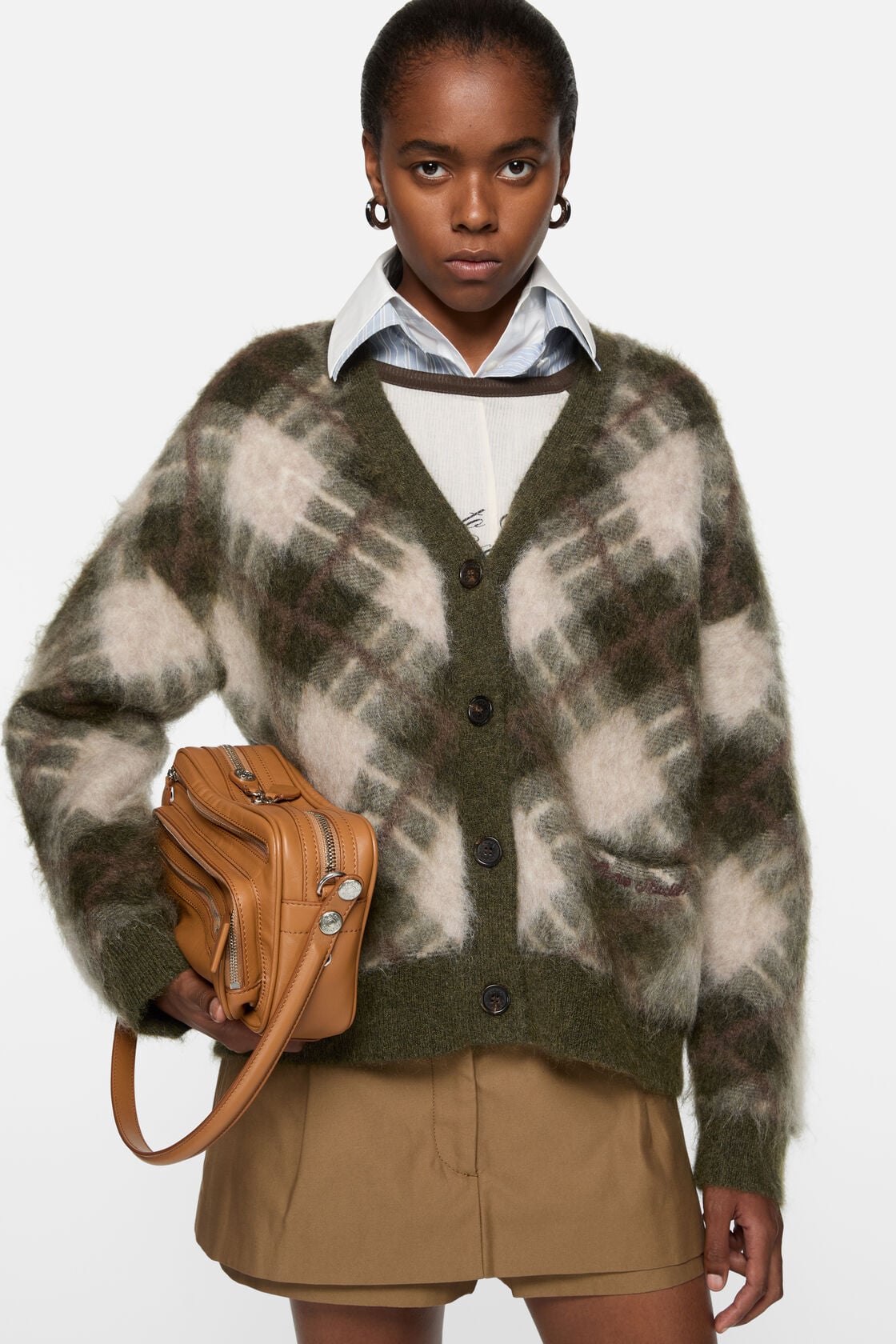 Mohair v-neck cardigan - Olive green/multi