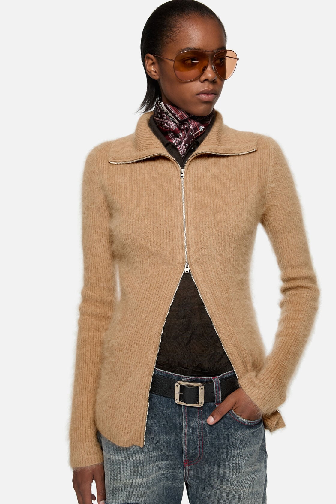 Cashmere zip-up cardigan - Light brown
