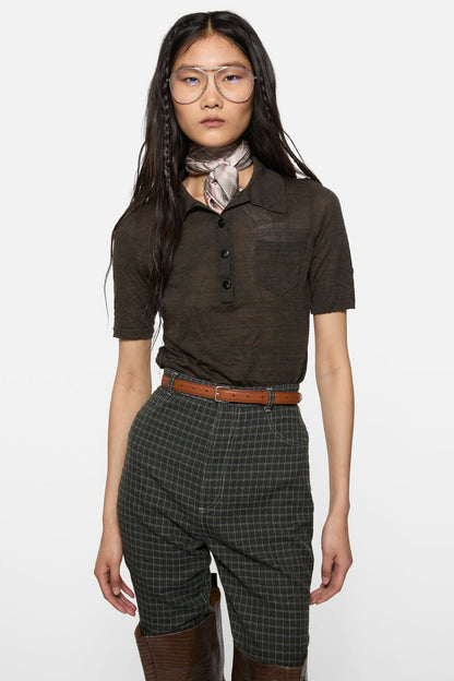 Silk polo knit - Dark brown melange