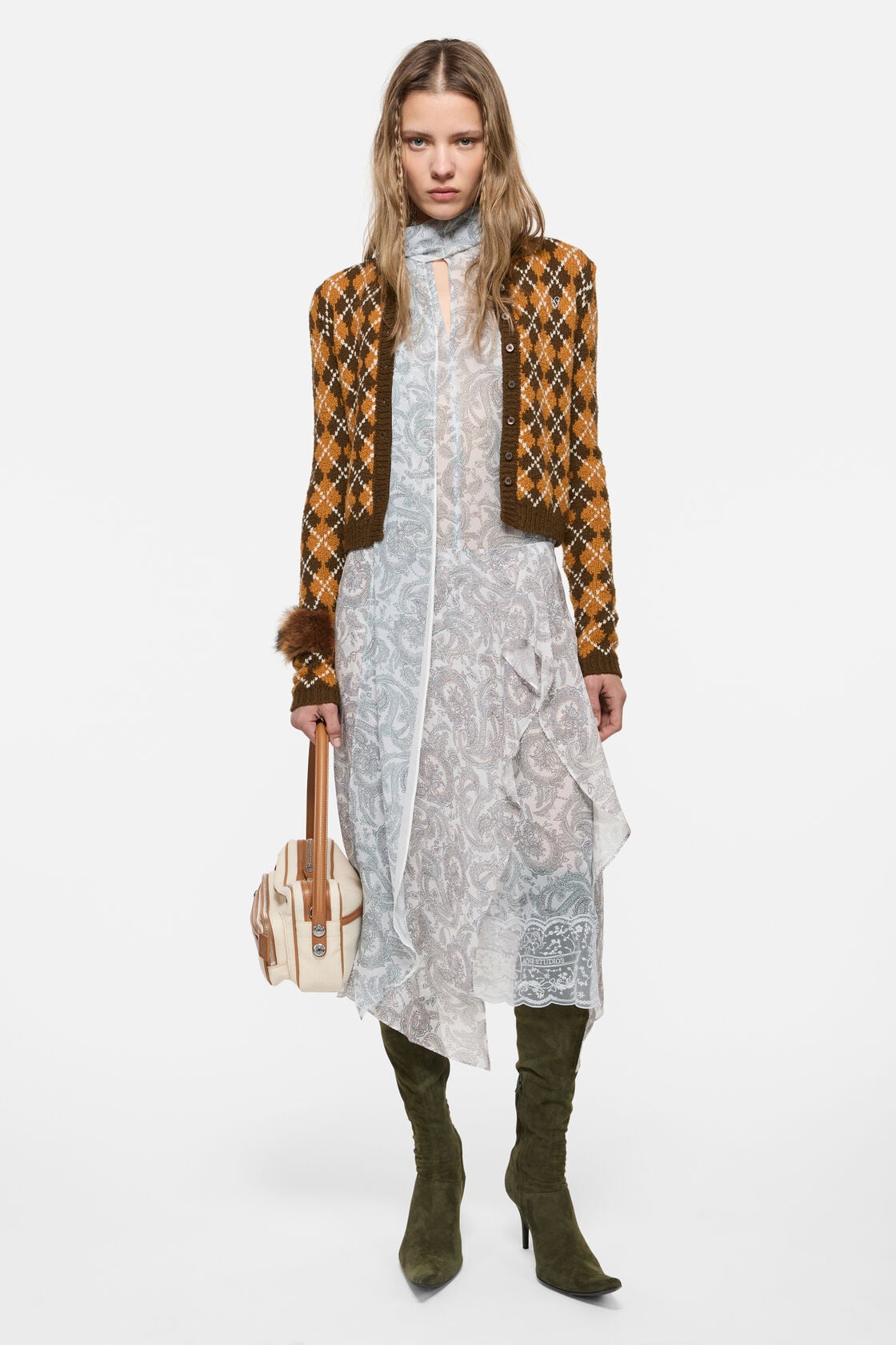 Bouclé Argyle Knit Cardigan - Brown/orange