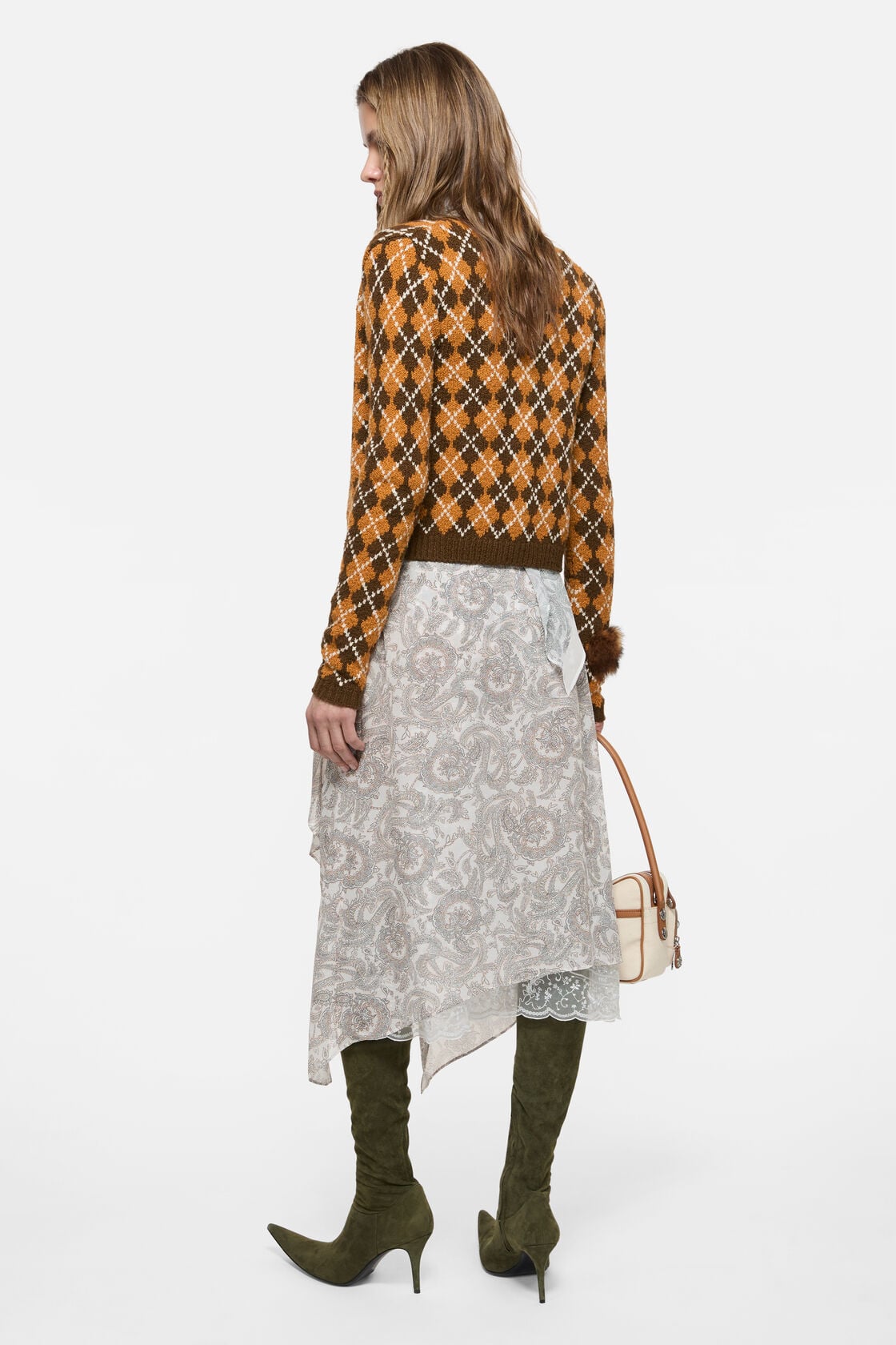 Bouclé Argyle Knit Cardigan - Brown/orange