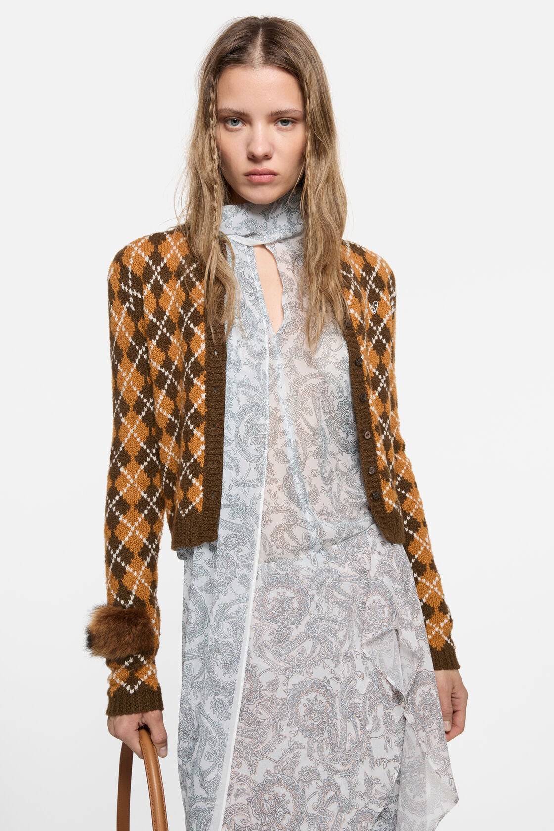 Bouclé Argyle Knit Cardigan - Brown/orange