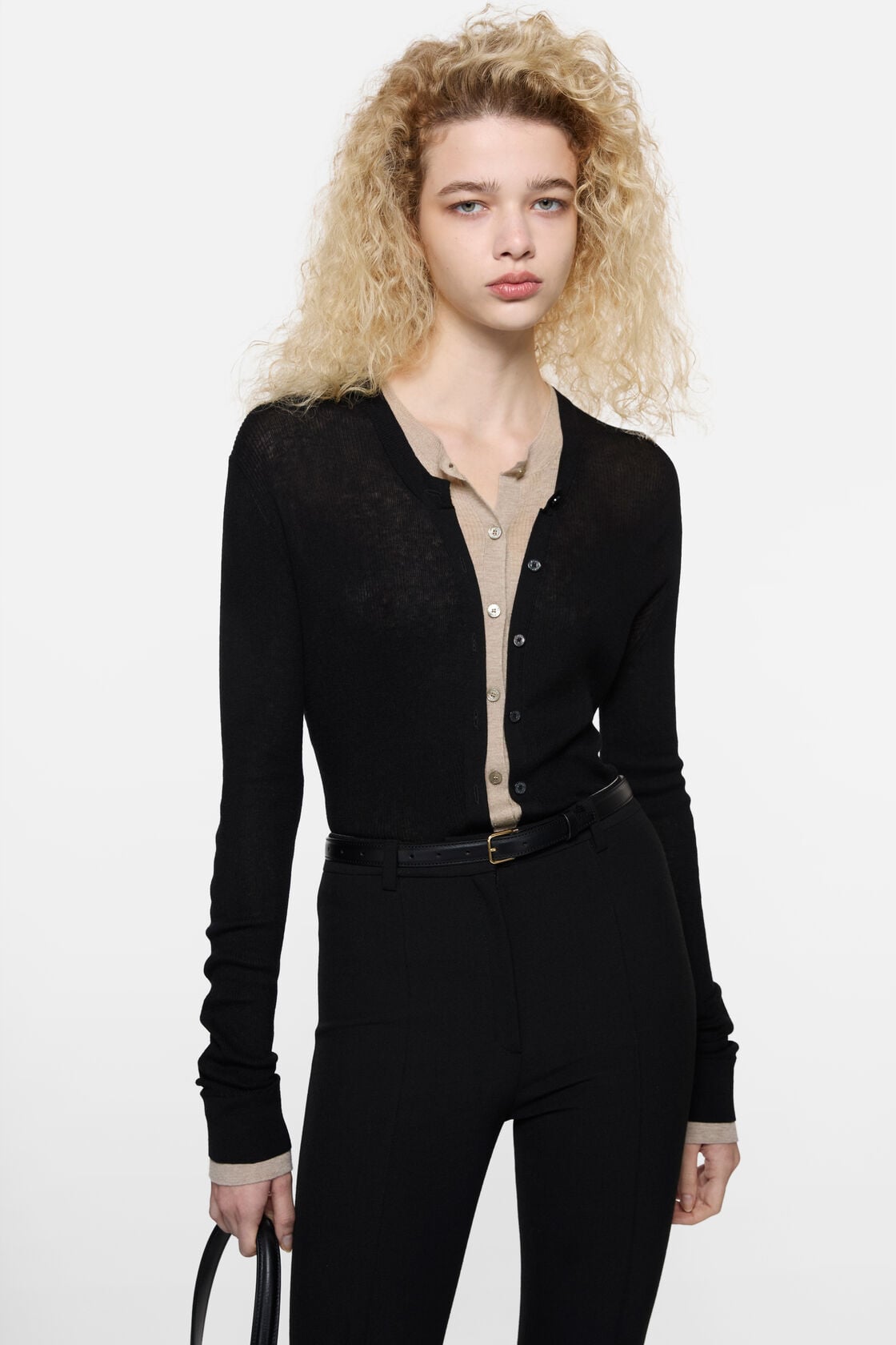 Layered silk-wool cardigan - Black/beige