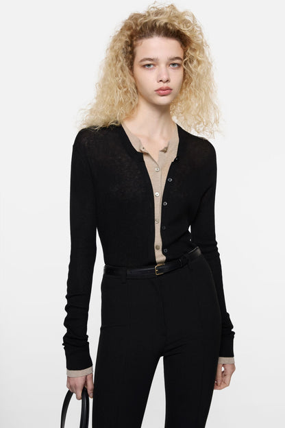 Layered silk-wool cardigan - Black/beige