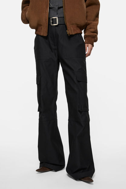 Cotton satin cargo trousers - Black
