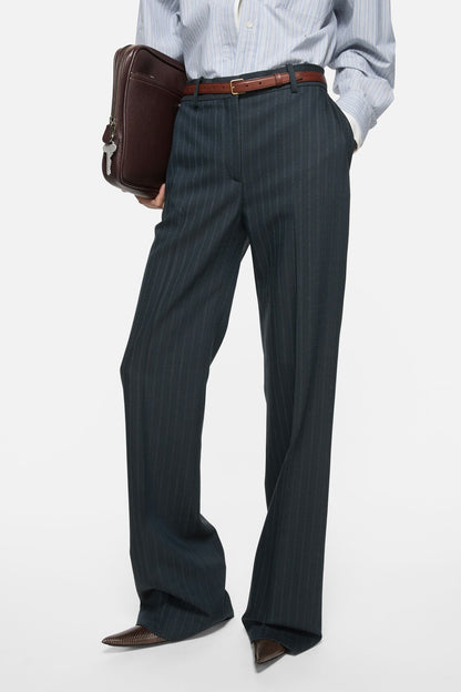 Pinstripe wool suit trousers - Black/Teal blue