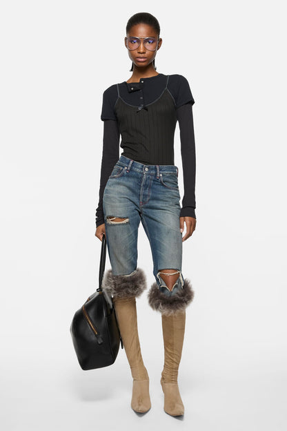 Layered jersey shirt with bow - Black