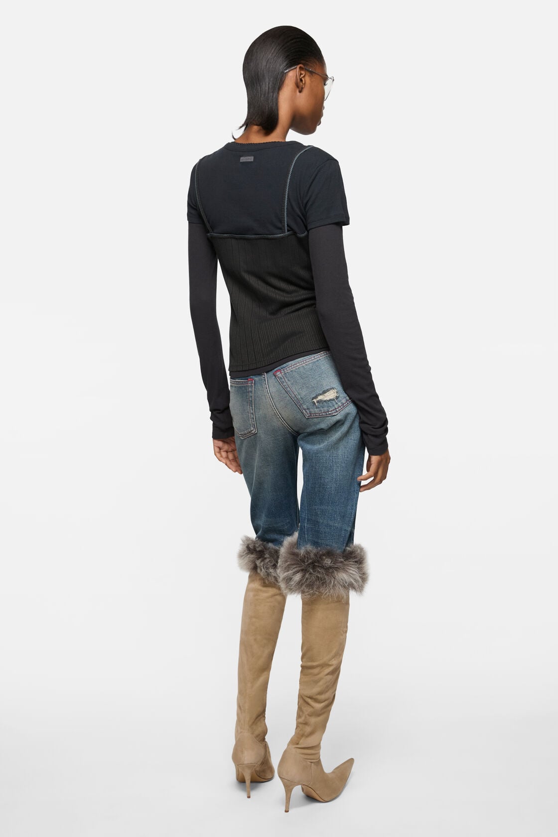 Layered jersey shirt with bow - Black