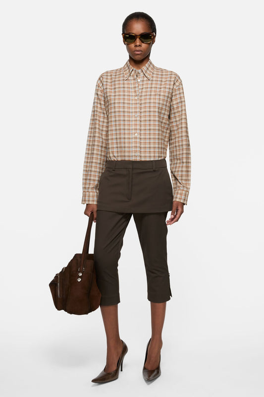 Checked cotton‑linen shirt - Brown/grey