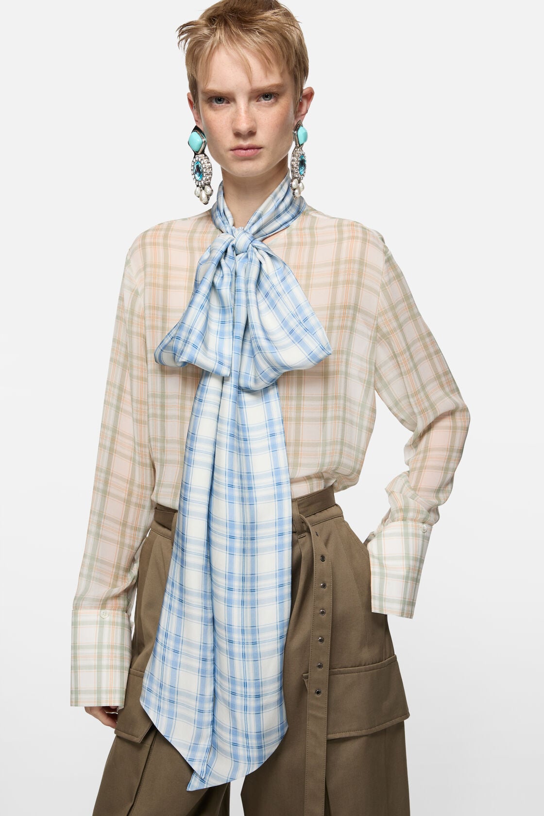 Silk blouse with scarf - Green/orange