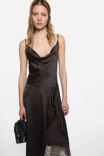 Shiny satin slip dress - Dark brown