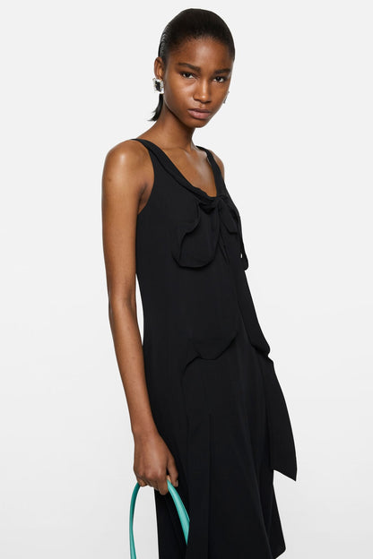 Silk midi dress with bow - Black