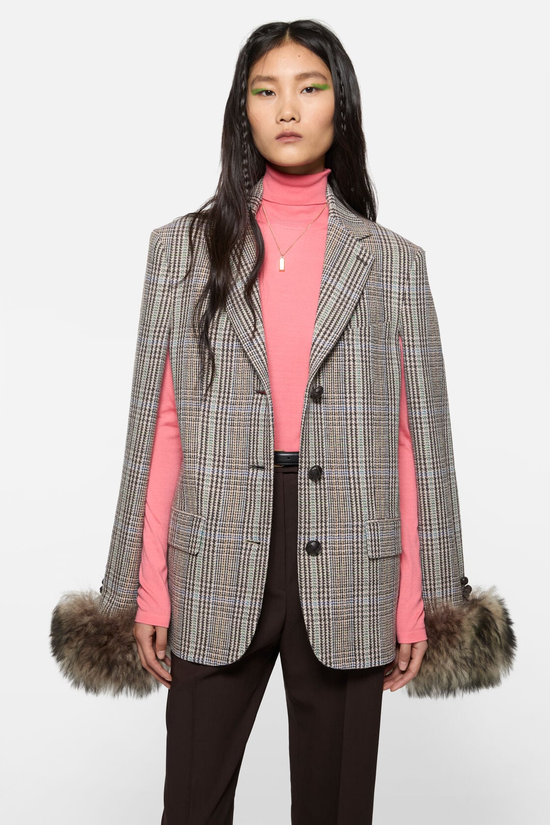 Wool jacket with shearling cuffs - Brown/blue
