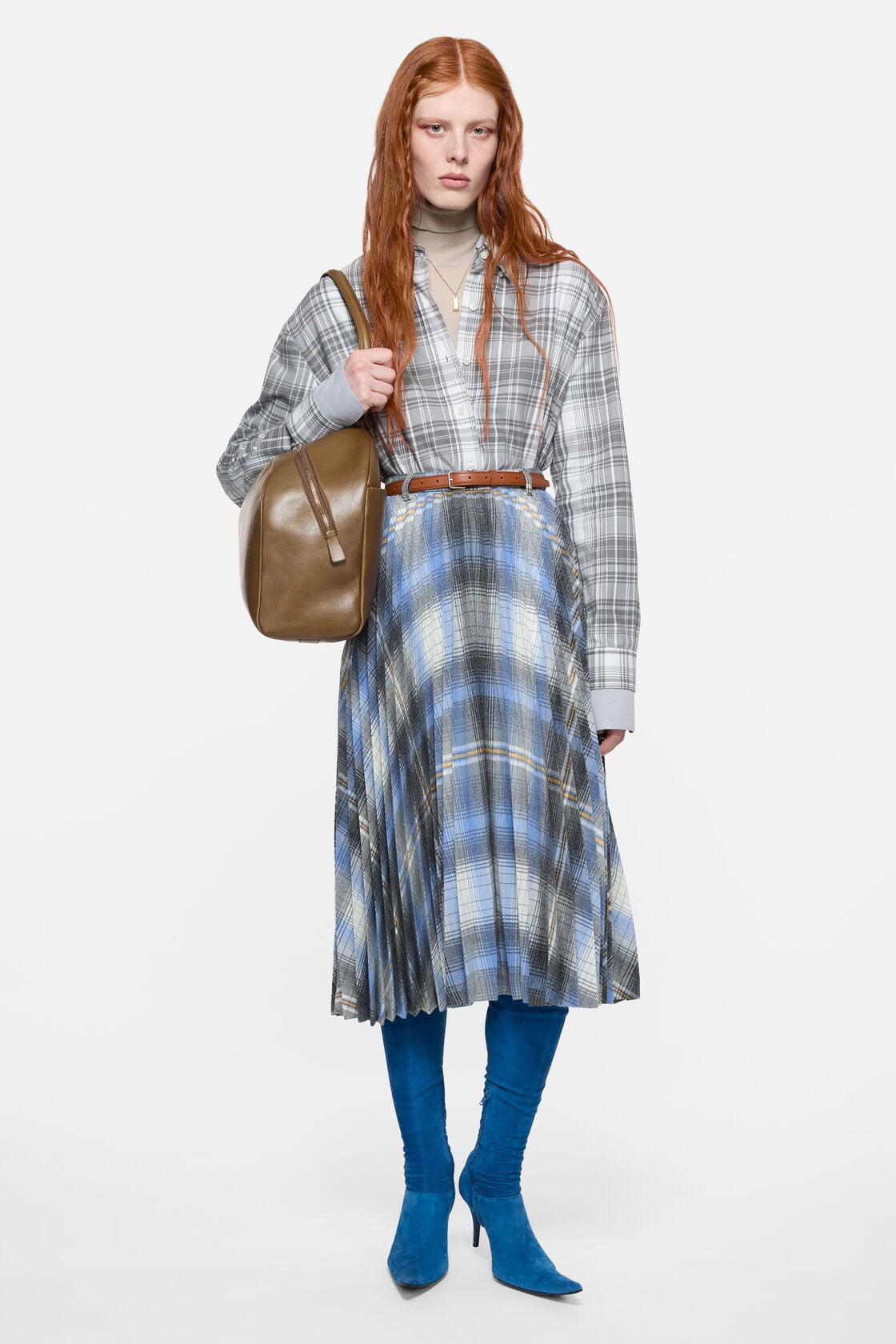 Checked pleated wool midi skirt - Denim blue