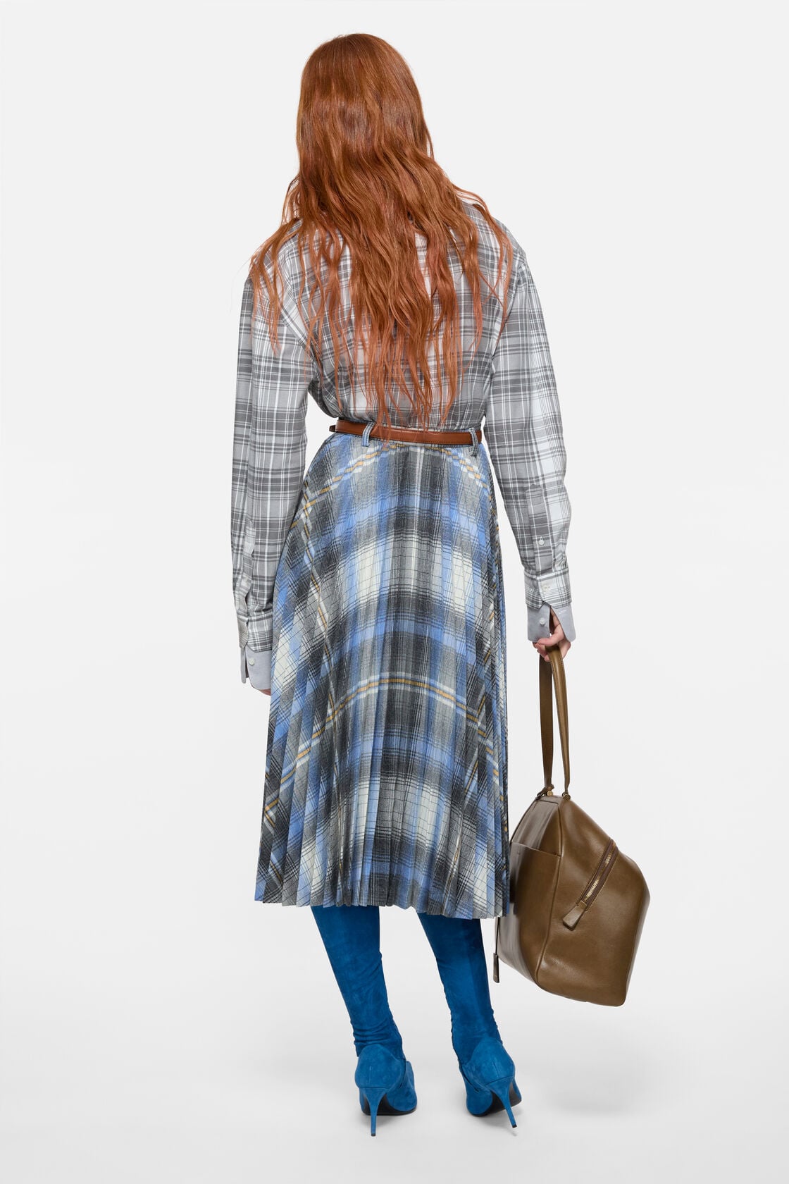Checked pleated wool midi skirt - Denim blue
