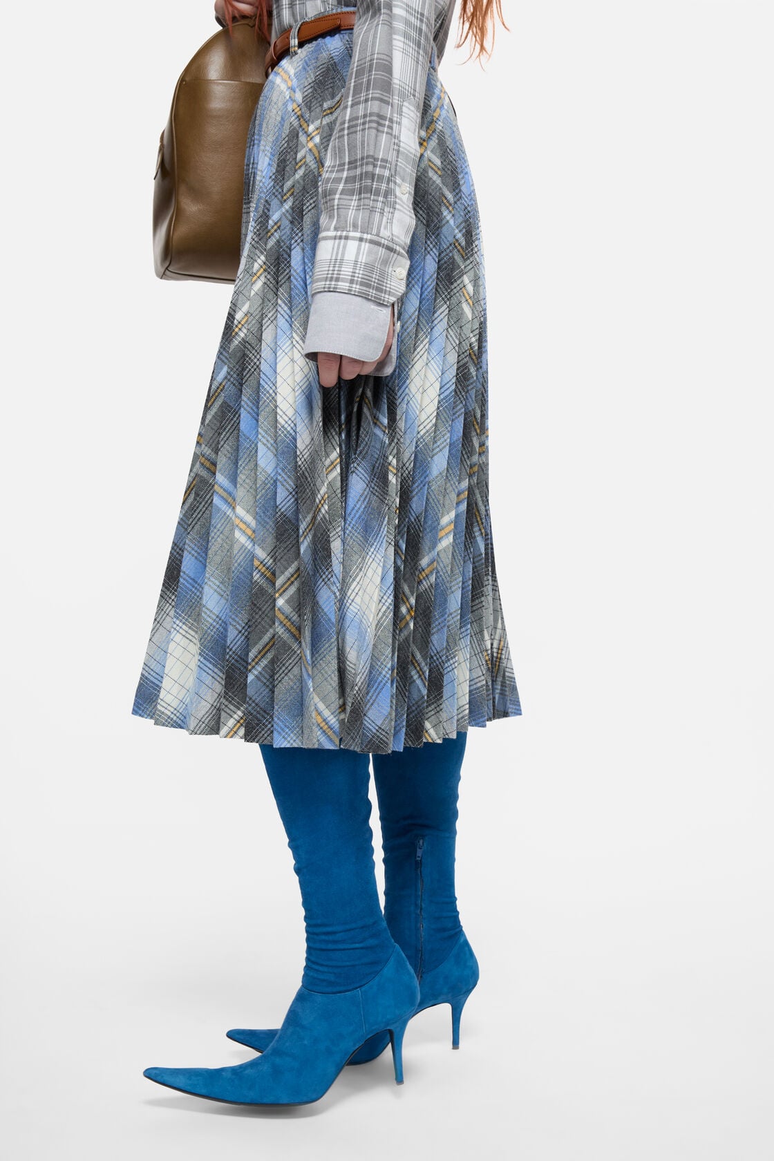 Checked pleated wool midi skirt - Denim blue