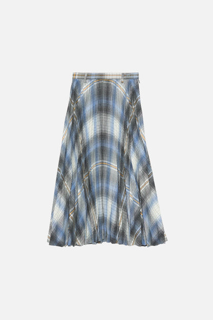 Checked pleated wool midi skirt - Denim blue