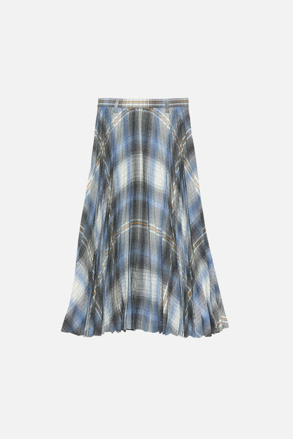 Checked pleated wool midi skirt - Denim blue