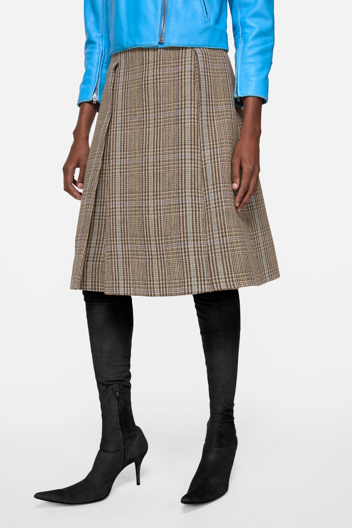 Long pleated wool skirt - Brown/blue multi