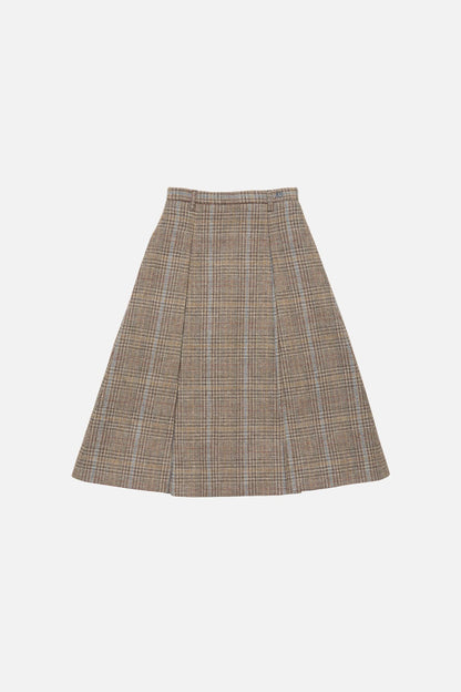 Long pleated wool skirt - Brown/blue multi
