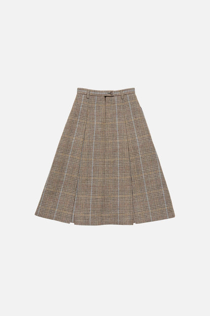 Long pleated wool skirt - Brown/blue multi